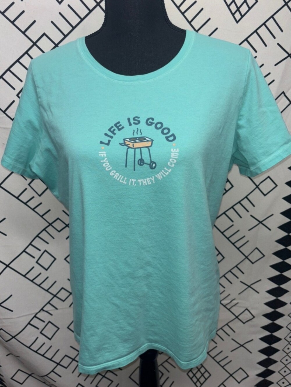 Life Is Good Aqua Crusher Tee Graphic "If You Grill It They Will Come"  BBQ Pit